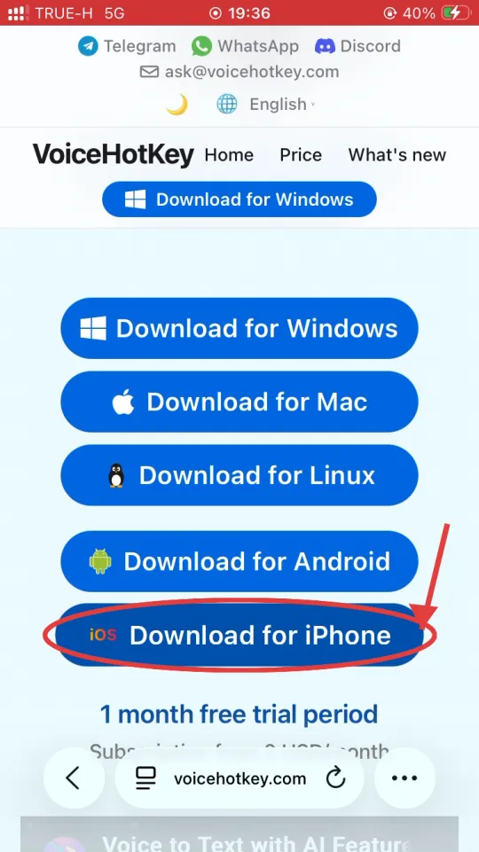 Download for iPhone düğmesiyle voicehotkey.com ana sayfası