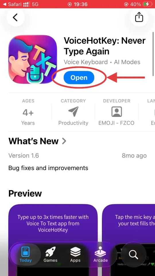Kurulumdan sonra App Store Open düğmesi