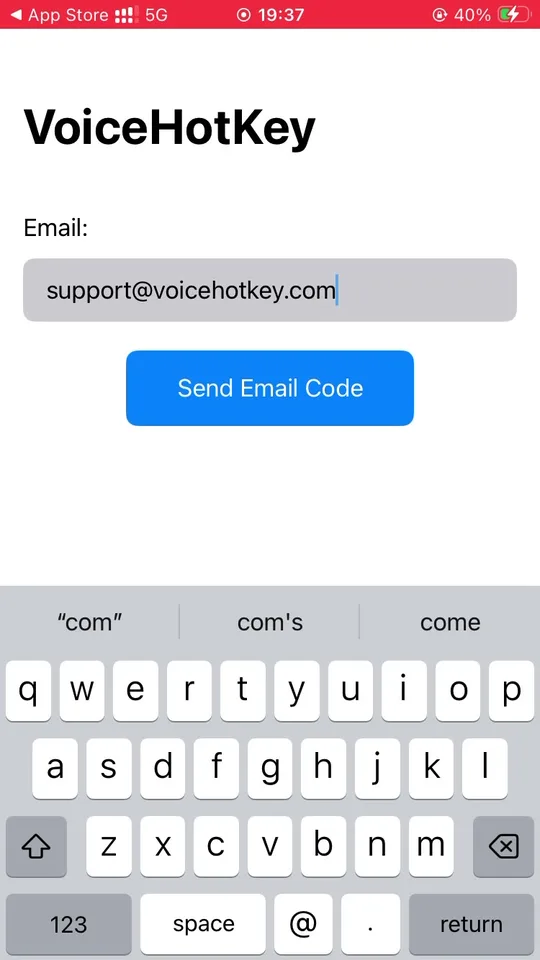 VoiceHotKey e-posta giriş ekranı