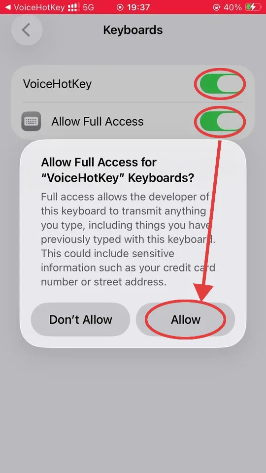 iOS Allow Full Access uyarı diyaloğu