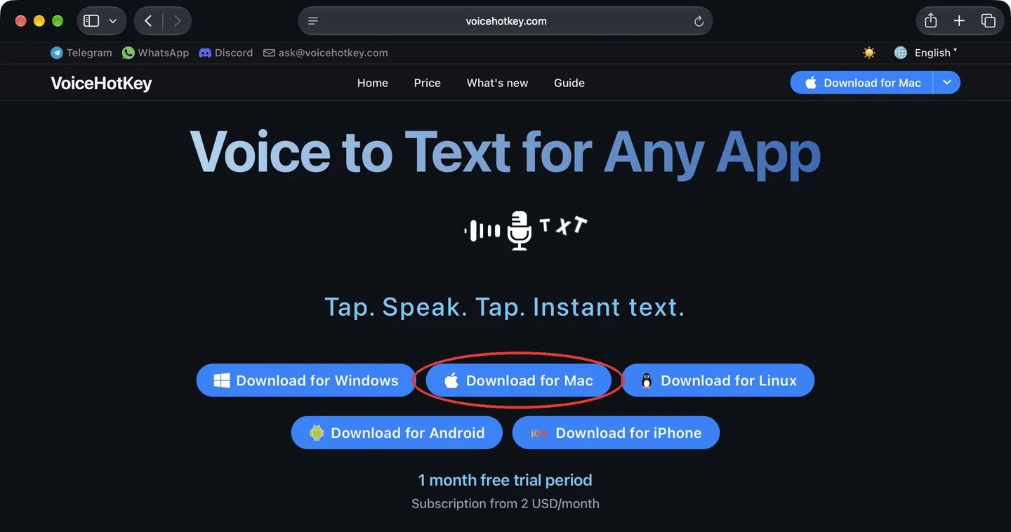 voicehotkey.com ana sayfasındaki Mac indirme düğmesi