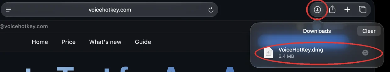 Safari indirme listesindeki VoiceHotKey.dmg dosyası