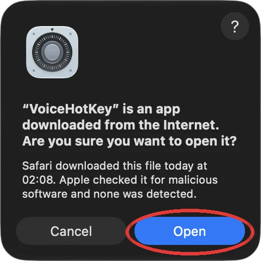 İnternetten indirilen uygulama için macOS iletişim kutusu ve Aç düğmesi