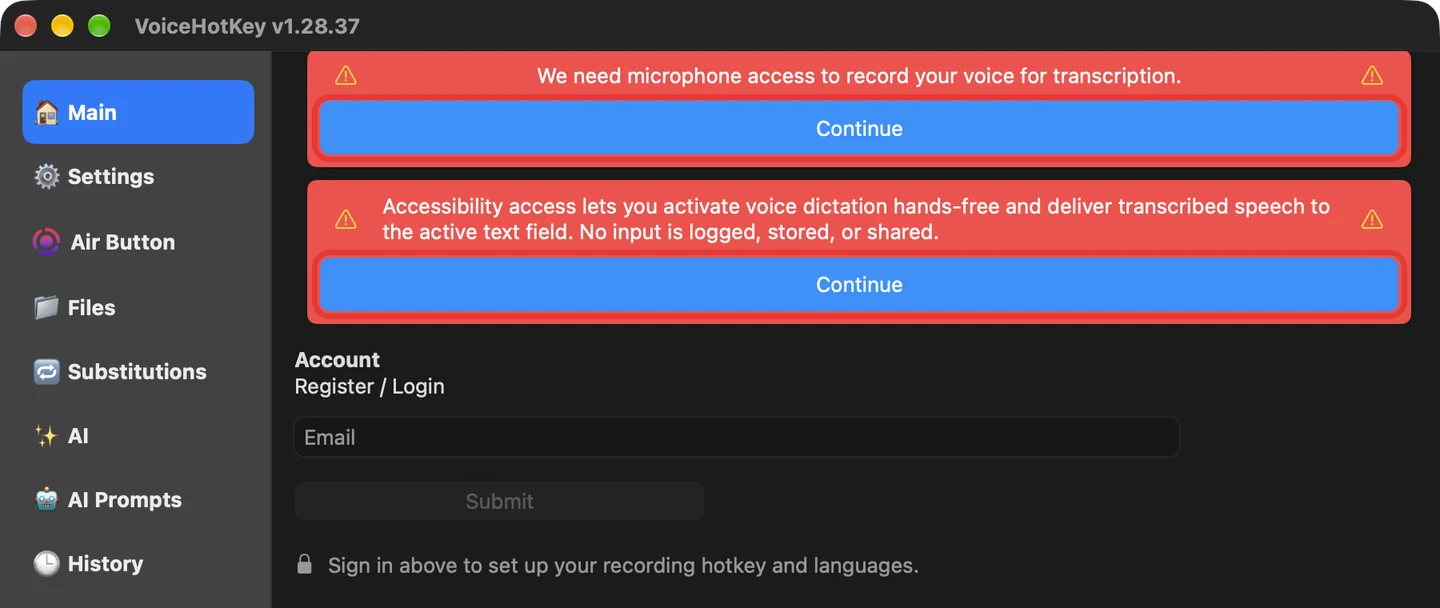 VoiceHotKey ana penceresinde mikrofon ve erişilebilirlik uyarıları