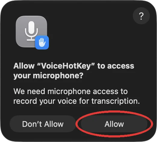 macOS mikrofon izni iletişim kutusu ve İzin Ver düğmesi