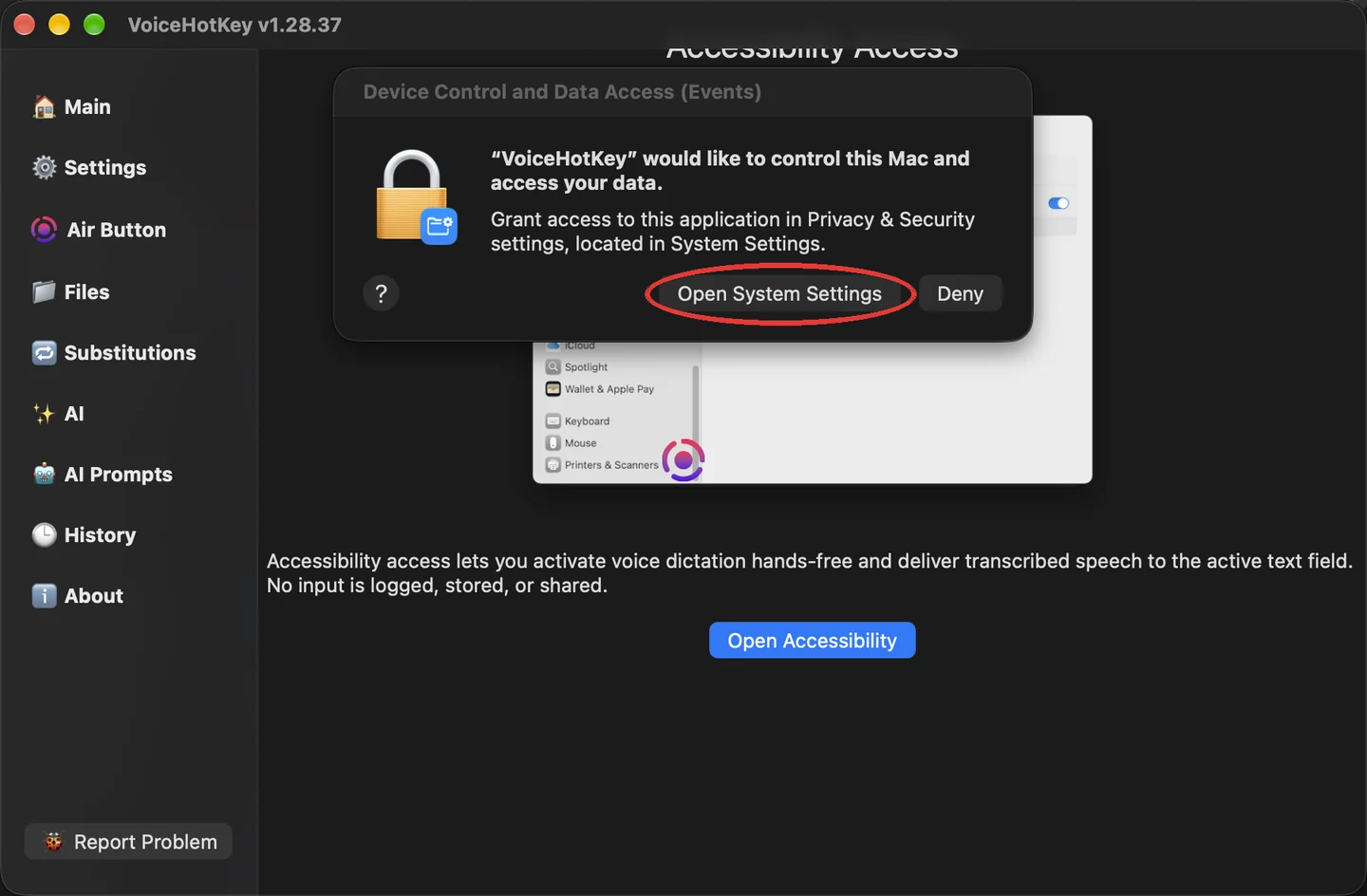 macOS erişilebilirlik isteği ve sistem ayarlarını açma düğmesi