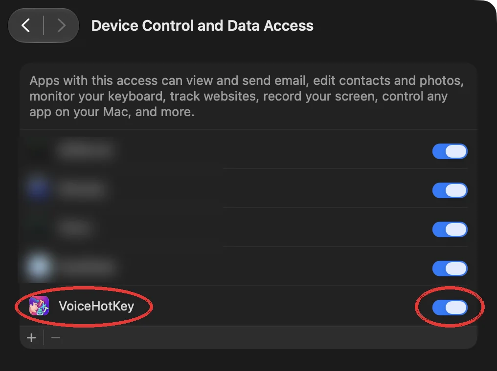 Sistem Ayarları içinde VoiceHotKey anahtarı açık