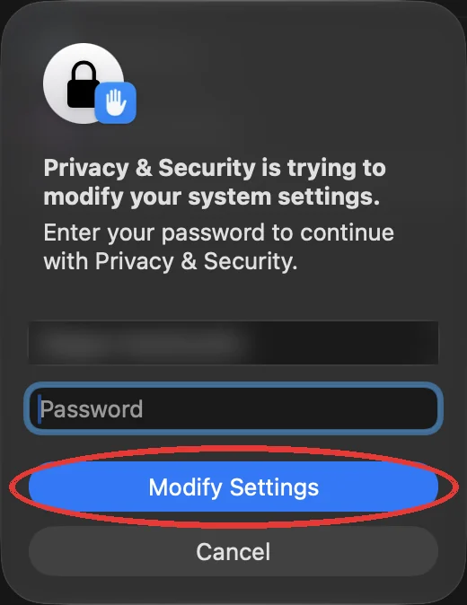 macOS parola isteği ve ayarları değiştirme düğmesi