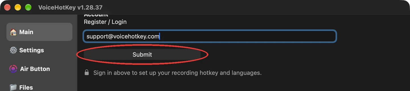 VoiceHotKey e-posta alanı ve Gönder düğmesi