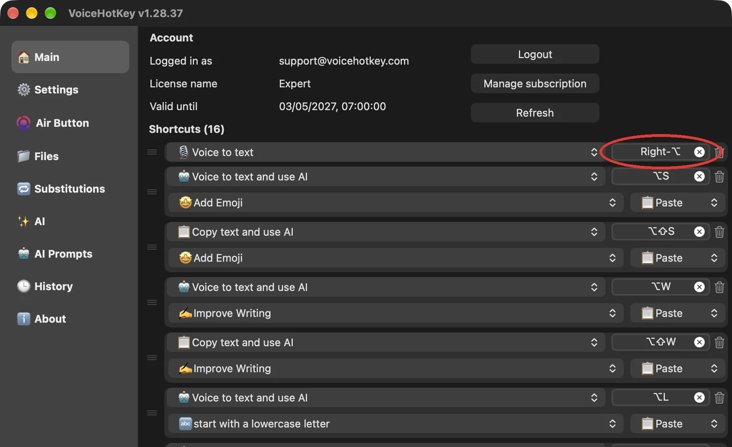 Giriş sonrası VoiceHotKey; dikte kestirmesi sağ Option olarak ayarlı