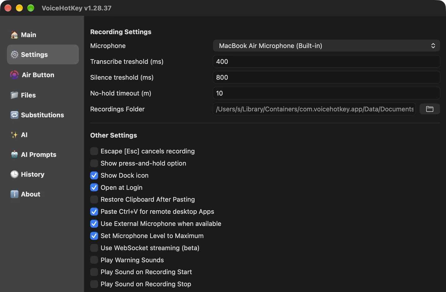 VoiceHotKey Ayarlar sekmesi