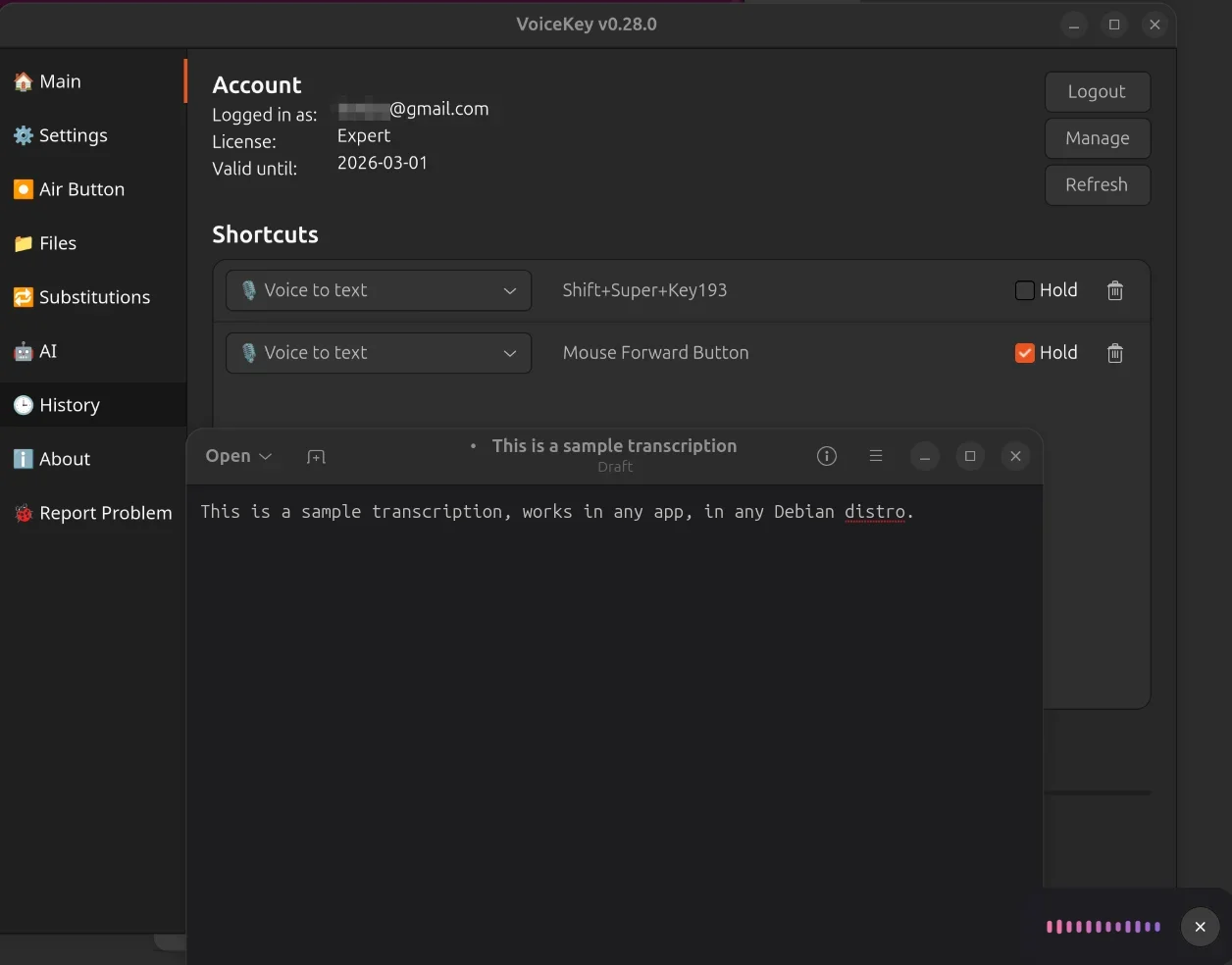 Ubuntu Linux üzerinde kısayollar ve canlı transkripsiyon ile çalışan VoiceKey sesli dikte uygulaması
